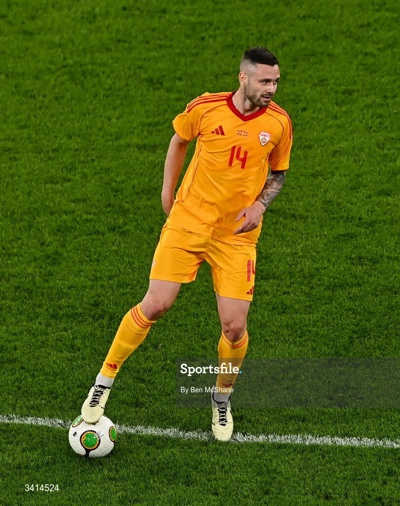 31 March 2026; Darko Velkovski of North Macedonia during the international friendly match between Republic of Ireland and North Macedonia at Aviva Stadium in Dublin. Photo by Ben McShane/Sportsfile