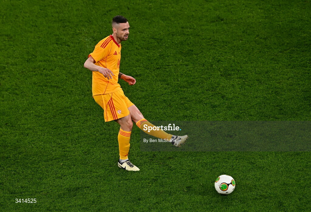 31 March 2026; Darko Velkovski of North Macedonia during the international friendly match between Republic of Ireland and North Macedonia at Aviva Stadium in Dublin. Photo by Ben McShane/Sportsfile