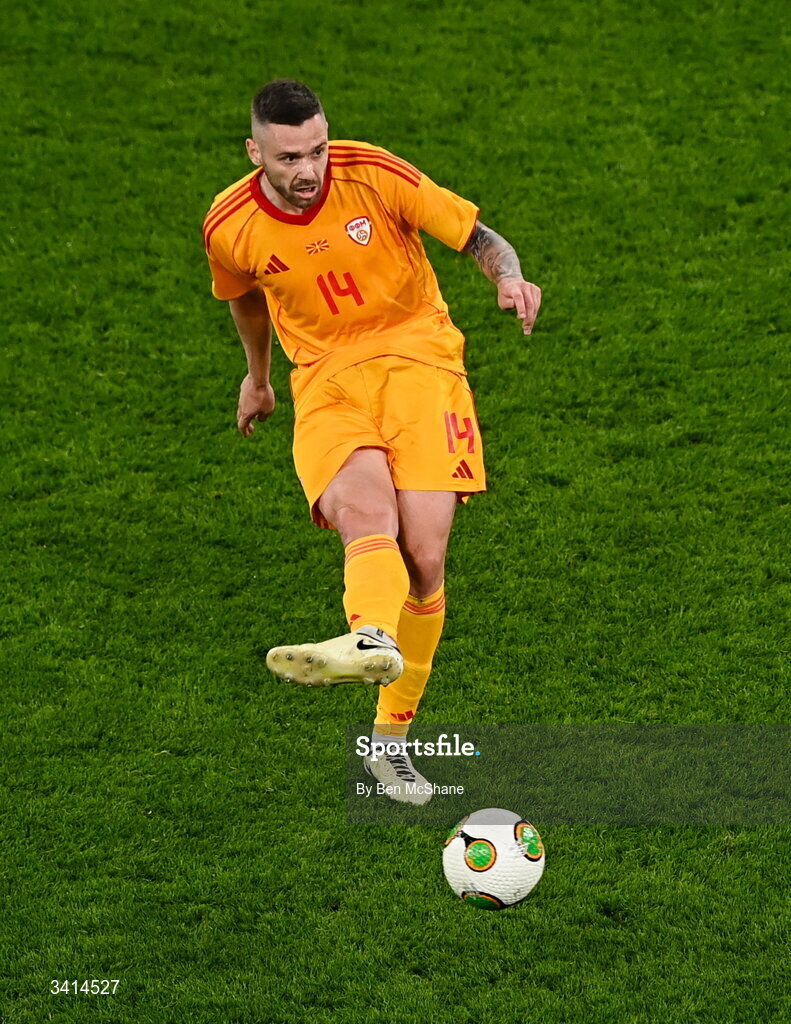 31 March 2026; Darko Velkovski of North Macedonia during the international friendly match between Republic of Ireland and North Macedonia at Aviva Stadium in Dublin. Photo by Ben McShane/Sportsfile
