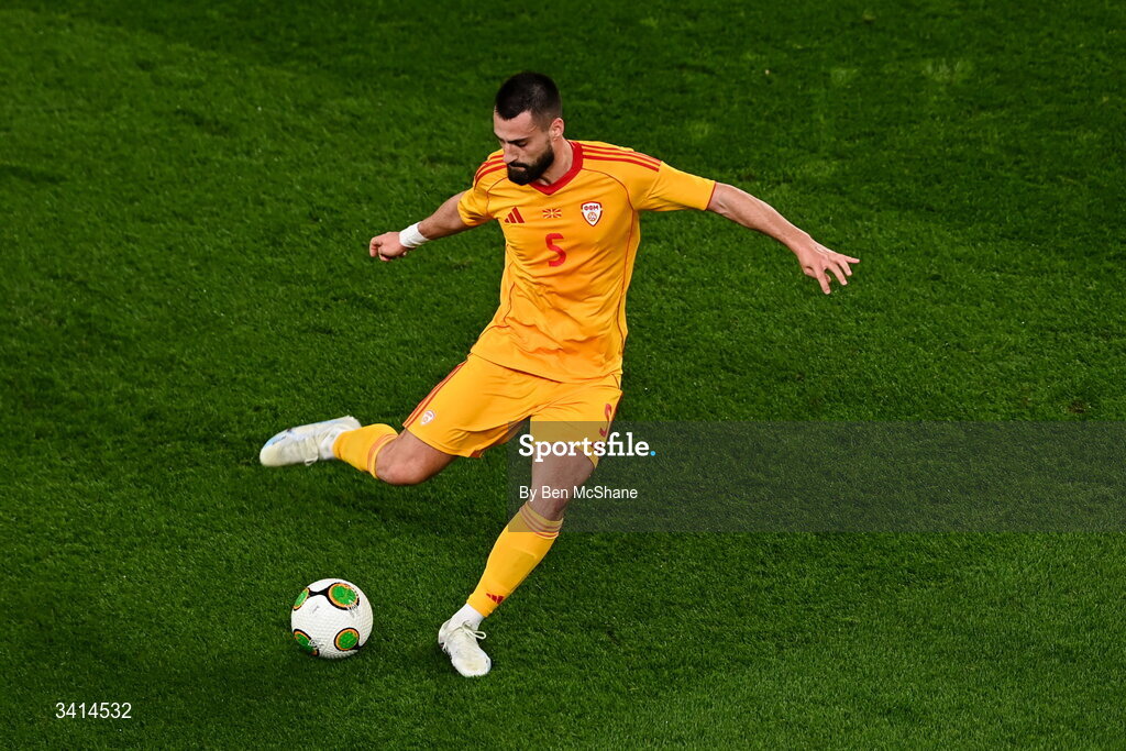 31 March 2026; Gjoko Zajkov of North Macedonia during the international friendly match between Republic of Ireland and North Macedonia at Aviva Stadium in Dublin. Photo by Ben McShane/Sportsfile