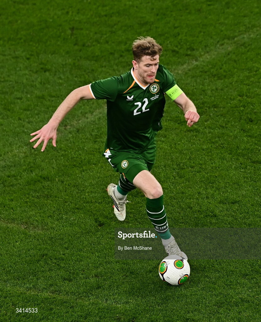 31 March 2026; Nathan Collins of Republic of Ireland during the international friendly match between Republic of Ireland and North Macedonia at Aviva Stadium in Dublin. Photo by Ben McShane/Sportsfile