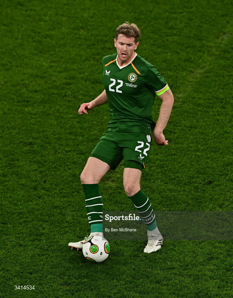 31 March 2026; Nathan Collins of Republic of Ireland during the international friendly match between Republic of Ireland and North Macedonia at Aviva Stadium in Dublin. Photo by Ben McShane/Sportsfile