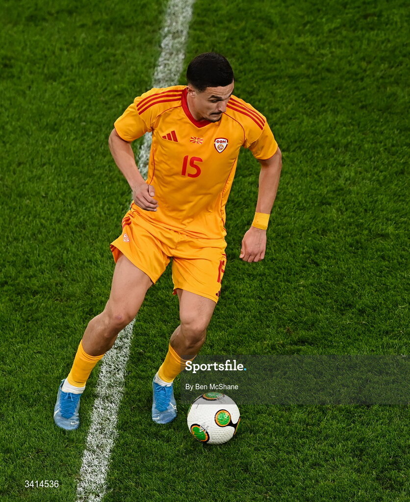 31 March 2026; Elmin Rastoder of North Macedonia during the international friendly match between Republic of Ireland and North Macedonia at Aviva Stadium in Dublin. Photo by Ben McShane/Sportsfile