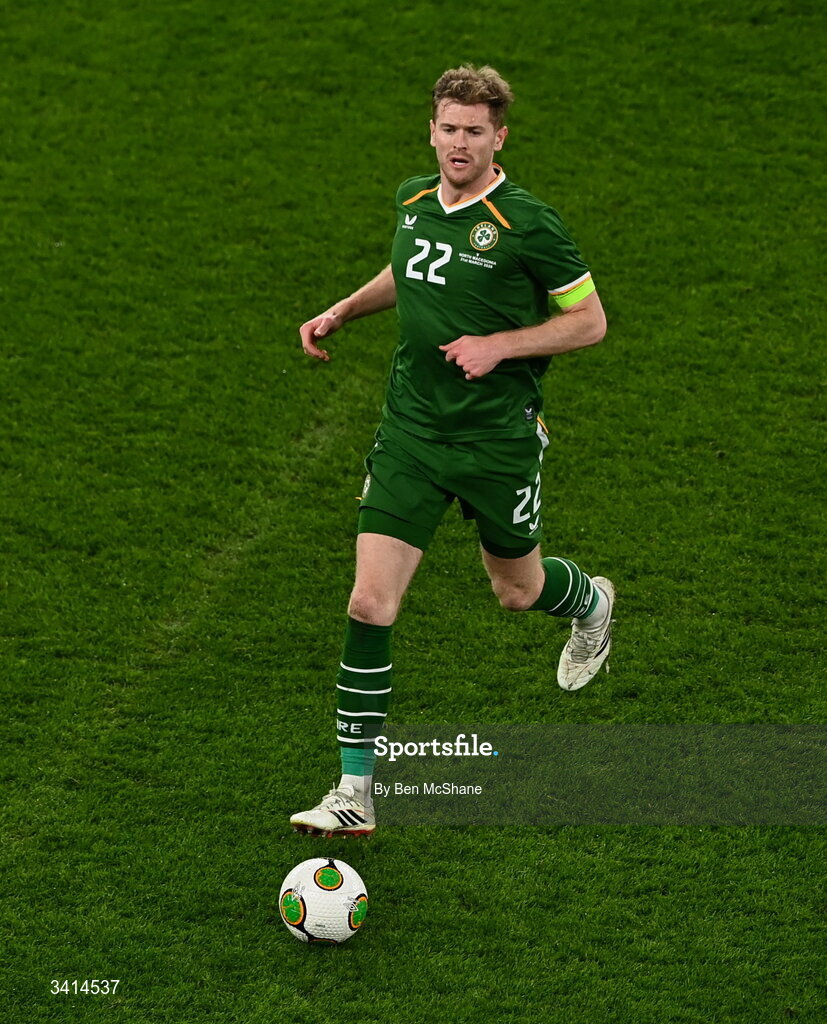 31 March 2026; Nathan Collins of Republic of Ireland during the international friendly match between Republic of Ireland and North Macedonia at Aviva Stadium in Dublin. Photo by Ben McShane/Sportsfile