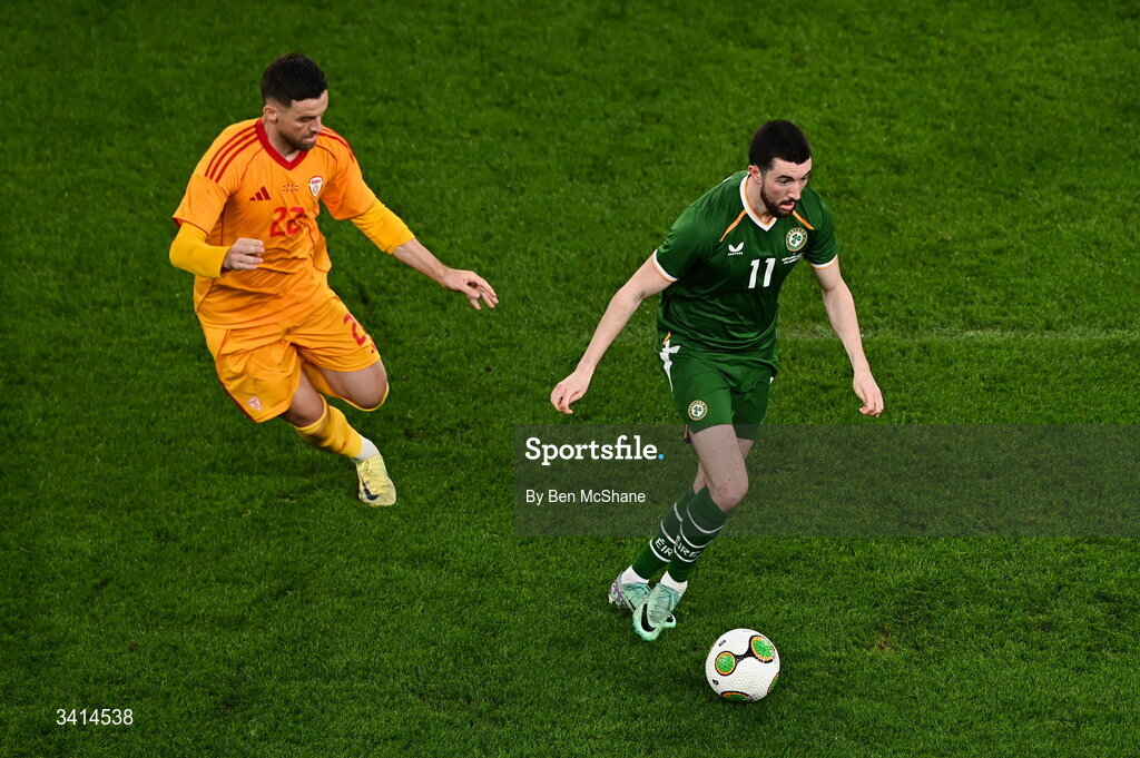 31 March 2026; Finn Azaz of Republic of Ireland and Isnik Alimi of North Macedonia during the international friendly match between Republic of Ireland and North Macedonia at Aviva Stadium in Dublin. Photo by Ben McShane/Sportsfile
