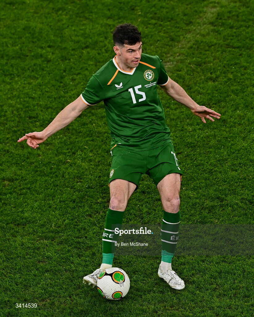 31 March 2026; John Egan of Republic of Ireland during the international friendly match between Republic of Ireland and North Macedonia at Aviva Stadium in Dublin. Photo by Ben McShane/Sportsfile