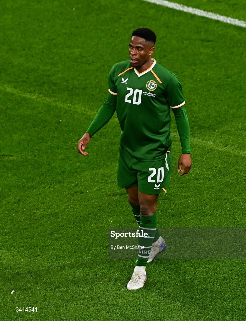 31 March 2026; Chiedozie Ogbene of Republic of Ireland during the international friendly match between Republic of Ireland and North Macedonia at Aviva Stadium in Dublin. Photo by Ben McShane/Sportsfile