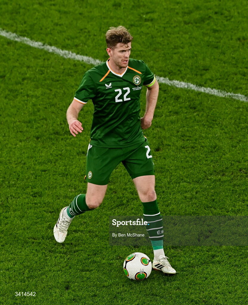31 March 2026; Nathan Collins of Republic of Ireland during the international friendly match between Republic of Ireland and North Macedonia at Aviva Stadium in Dublin. Photo by Ben McShane/Sportsfile