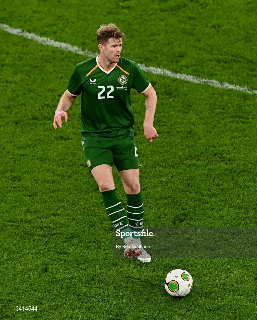 31 March 2026; Nathan Collins of Republic of Ireland during the international friendly match between Republic of Ireland and North Macedonia at Aviva Stadium in Dublin. Photo by Ben McShane/Sportsfile