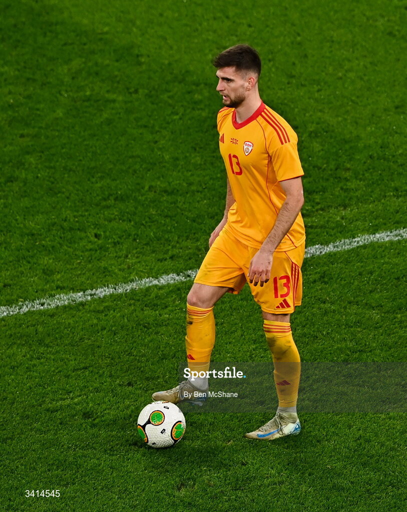 31 March 2026; Imran Fetai of North Macedonia during the international friendly match between Republic of Ireland and North Macedonia at Aviva Stadium in Dublin. Photo by Ben McShane/Sportsfile