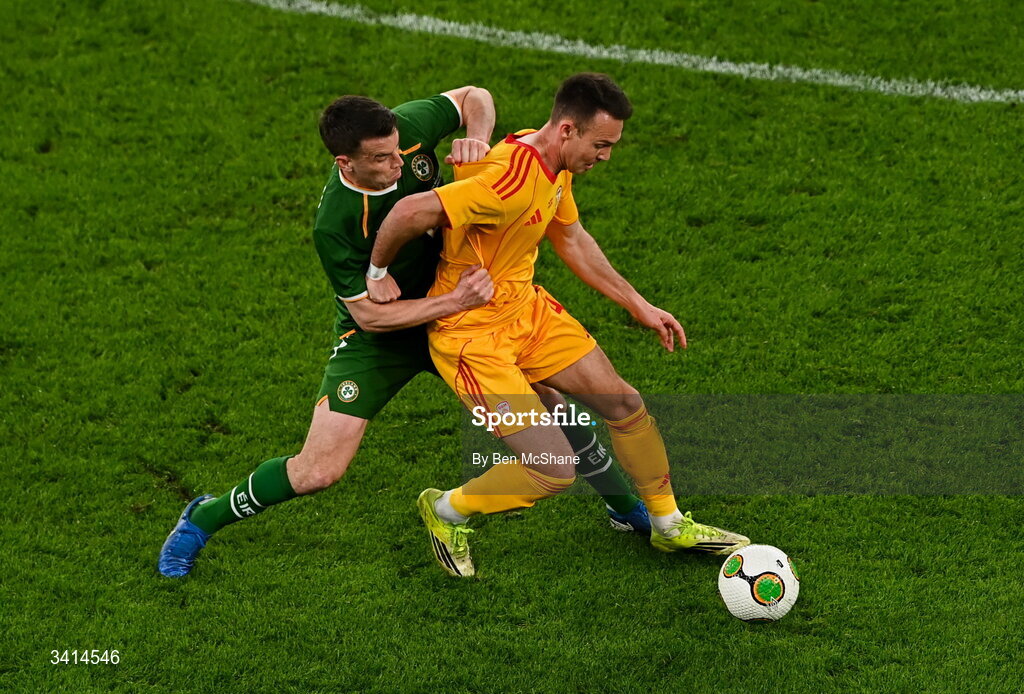 31 March 2026; Daniel Musovski of North Macedonia and Seamus Coleman of Republic of Ireland during the international friendly match between Republic of Ireland and North Macedonia at Aviva Stadium in Dublin. Photo by Ben McShane/Sportsfile