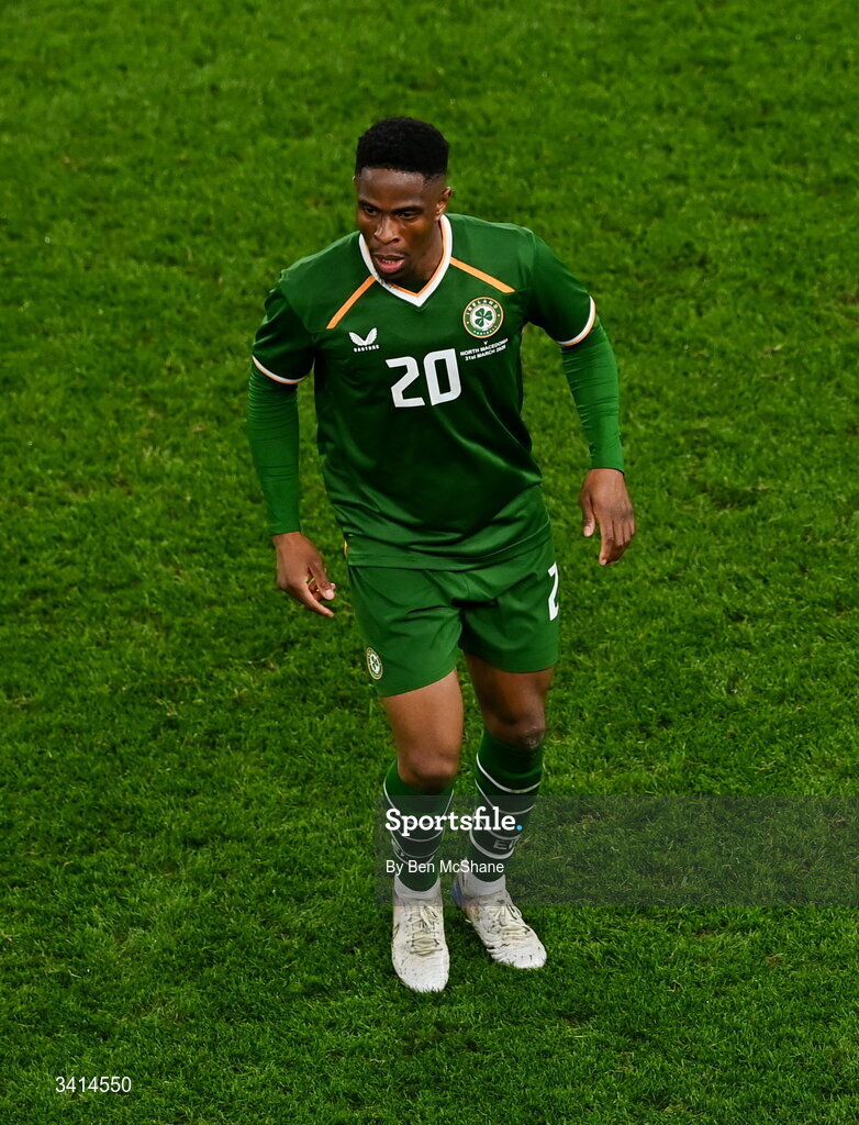 31 March 2026; Chiedozie Ogbene of Republic of Ireland during the international friendly match between Republic of Ireland and North Macedonia at Aviva Stadium in Dublin. Photo by Ben McShane/Sportsfile