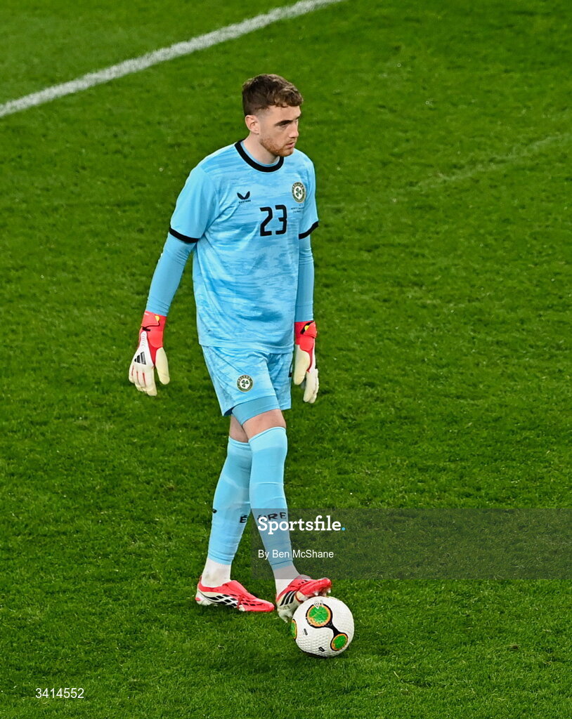 31 March 2026; Republic of Ireland goalkeeper Mark Travers during the international friendly match between Republic of Ireland and North Macedonia at Aviva Stadium in Dublin. Photo by Ben McShane/Sportsfile
