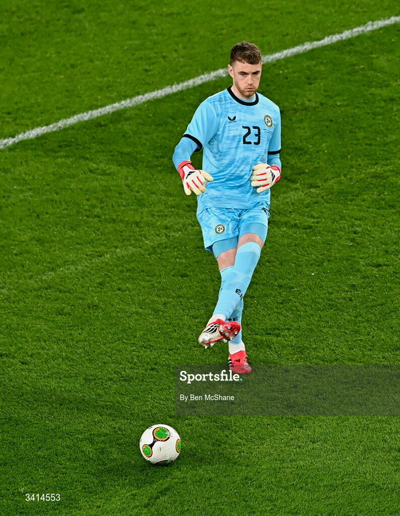 31 March 2026; Republic of Ireland goalkeeper Mark Travers during the international friendly match between Republic of Ireland and North Macedonia at Aviva Stadium in Dublin. Photo by Ben McShane/Sportsfile