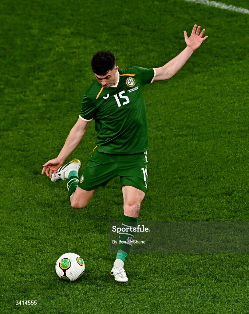 31 March 2026; John Egan of Republic of Ireland during the international friendly match between Republic of Ireland and North Macedonia at Aviva Stadium in Dublin. Photo by Ben McShane/Sportsfile