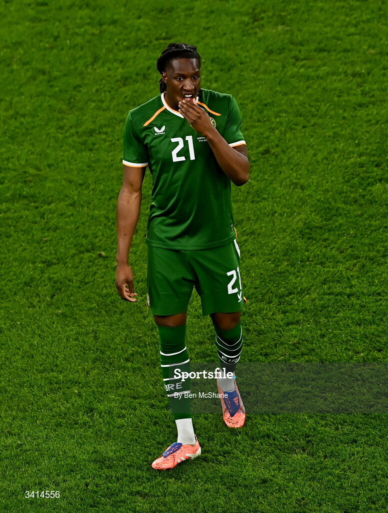 31 March 2026; Bosun Lawal of Republic of Ireland during the international friendly match between Republic of Ireland and North Macedonia at Aviva Stadium in Dublin. Photo by Ben McShane/Sportsfile