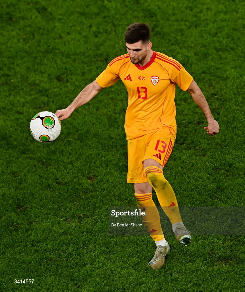 31 March 2026; Imran Fetai of North Macedonia during the international friendly match between Republic of Ireland and North Macedonia at Aviva Stadium in Dublin. Photo by Ben McShane/Sportsfile