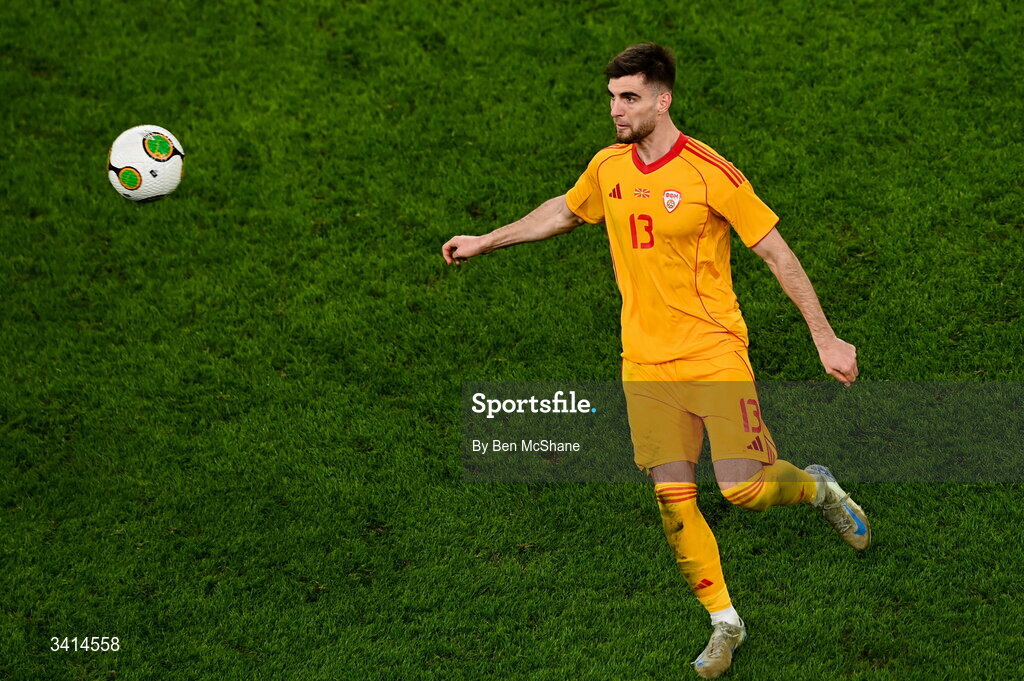31 March 2026; Imran Fetai of North Macedonia during the international friendly match between Republic of Ireland and North Macedonia at Aviva Stadium in Dublin. Photo by Ben McShane/Sportsfile