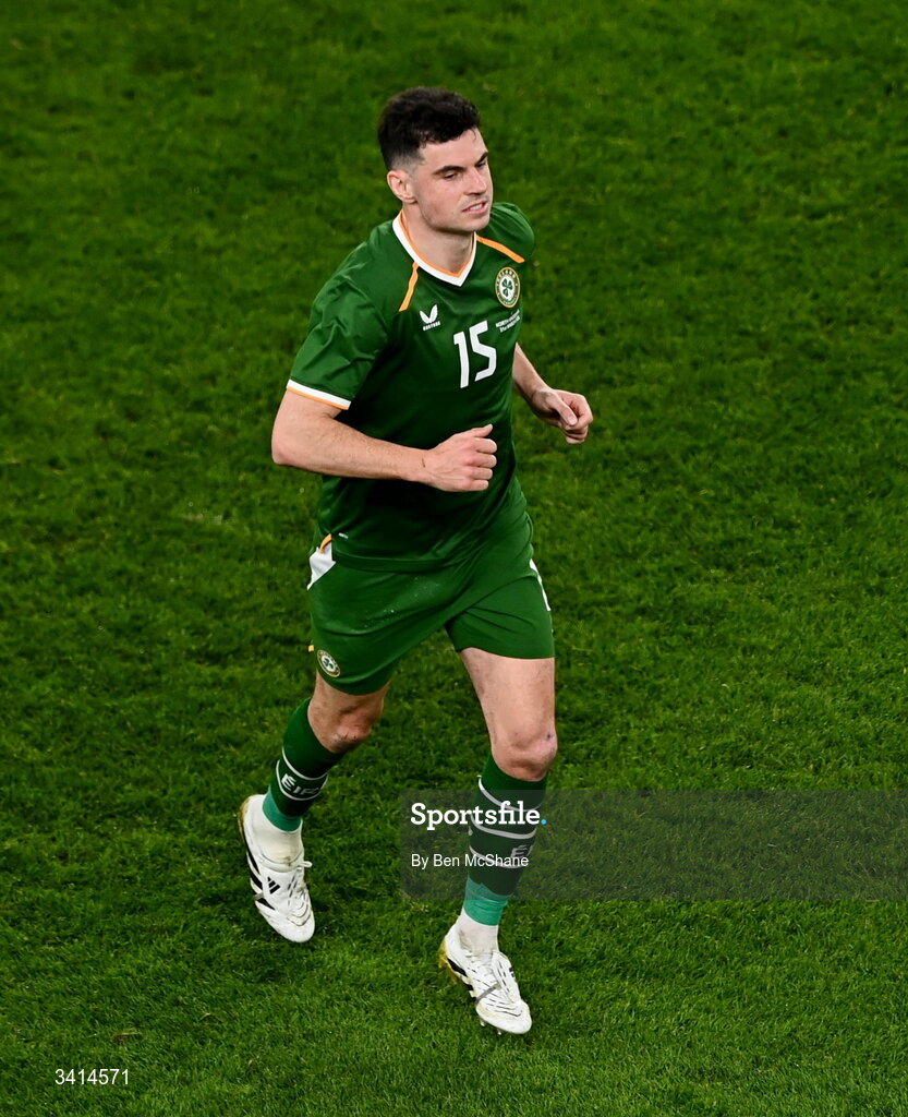 31 March 2026; John Egan of Republic of Ireland during the international friendly match between Republic of Ireland and North Macedonia at Aviva Stadium in Dublin. Photo by Ben McShane/Sportsfile