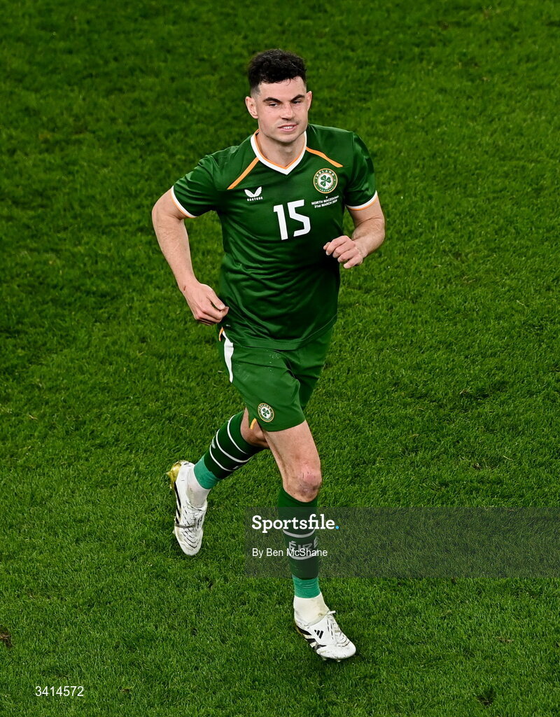 31 March 2026; John Egan of Republic of Ireland during the international friendly match between Republic of Ireland and North Macedonia at Aviva Stadium in Dublin. Photo by Ben McShane/Sportsfile