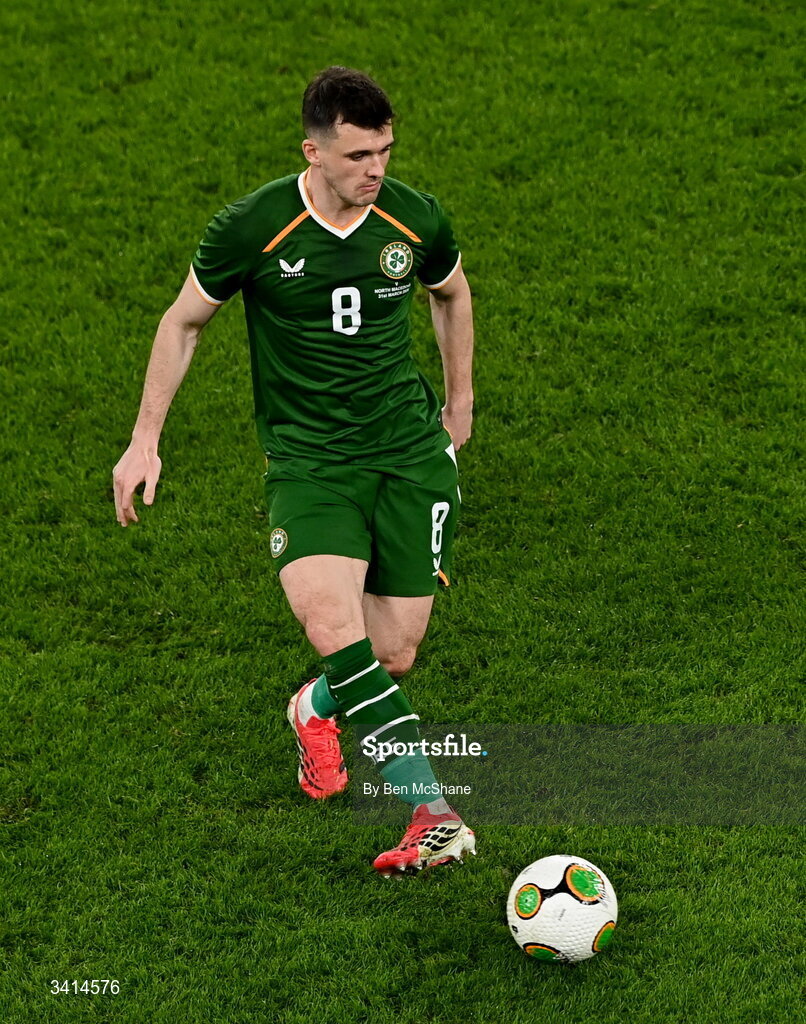 31 March 2026; Jason Knight of Republic of Ireland during the international friendly match between Republic of Ireland and North Macedonia at Aviva Stadium in Dublin. Photo by Ben McShane/Sportsfile