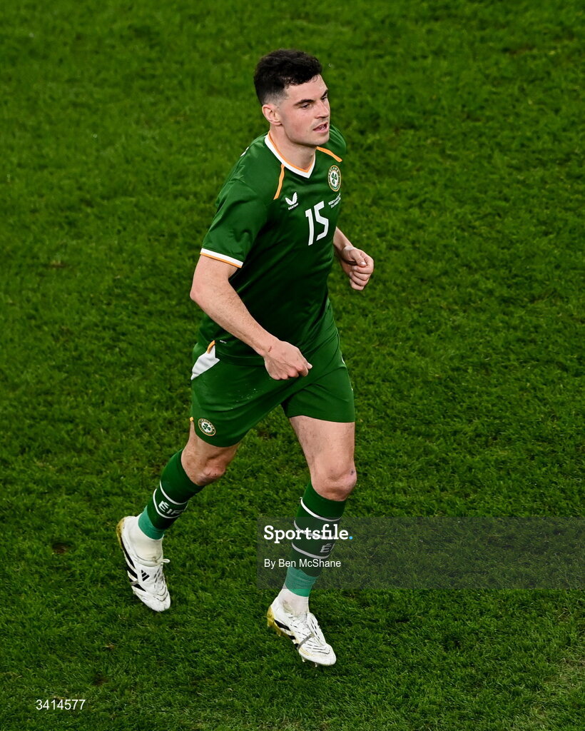 31 March 2026; John Egan of Republic of Ireland during the international friendly match between Republic of Ireland and North Macedonia at Aviva Stadium in Dublin. Photo by Ben McShane/Sportsfile