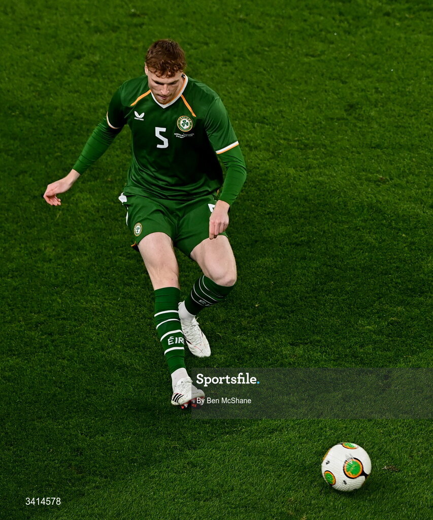 31 March 2026; Jake O'Brien of Republic of Ireland during the international friendly match between Republic of Ireland and North Macedonia at Aviva Stadium in Dublin. Photo by Ben McShane/Sportsfile