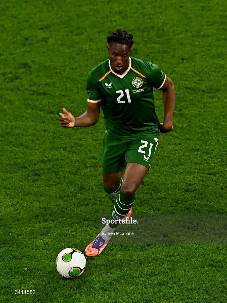 31 March 2026; Bosun Lawal of Republic of Ireland during the international friendly match between Republic of Ireland and North Macedonia at Aviva Stadium in Dublin. Photo by Ben McShane/Sportsfile