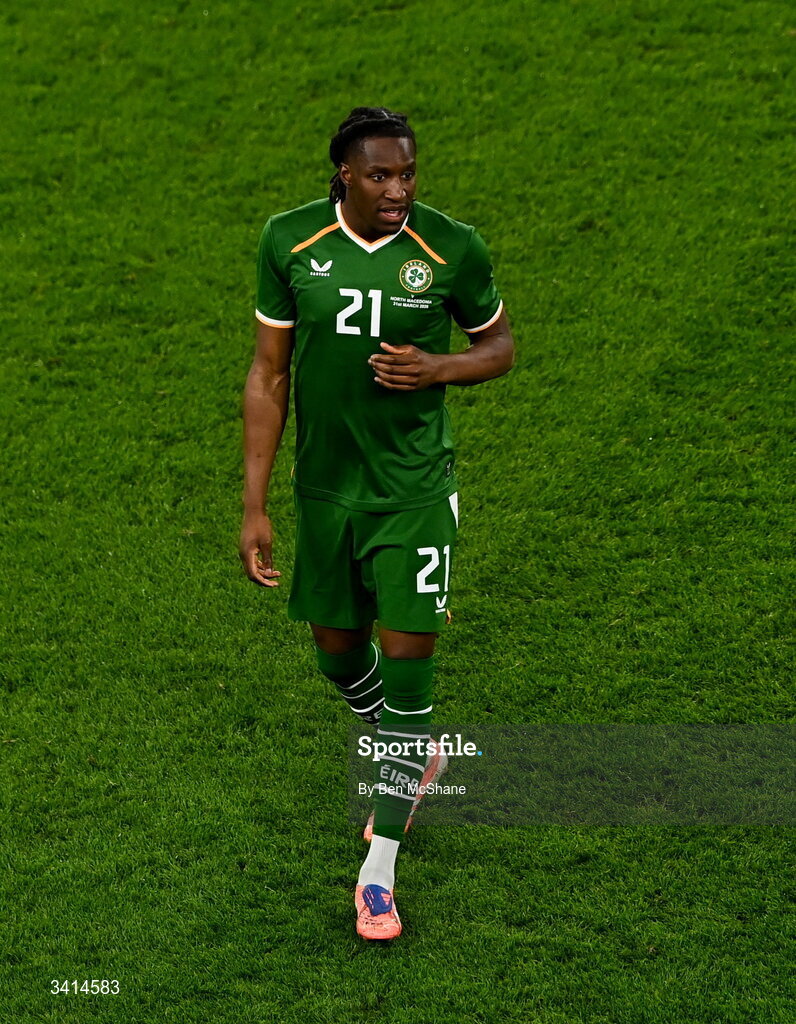 31 March 2026; Bosun Lawal of Republic of Ireland during the international friendly match between Republic of Ireland and North Macedonia at Aviva Stadium in Dublin. Photo by Ben McShane/Sportsfile