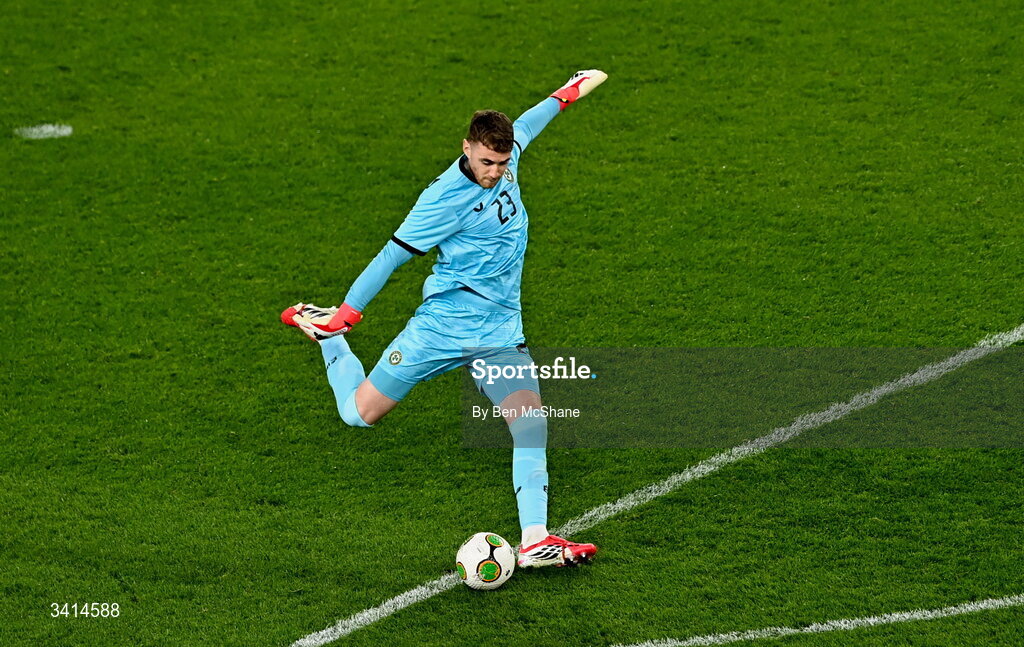 31 March 2026; Republic of Ireland goalkeeper Mark Travers during the international friendly match between Republic of Ireland and North Macedonia at Aviva Stadium in Dublin. Photo by Ben McShane/Sportsfile