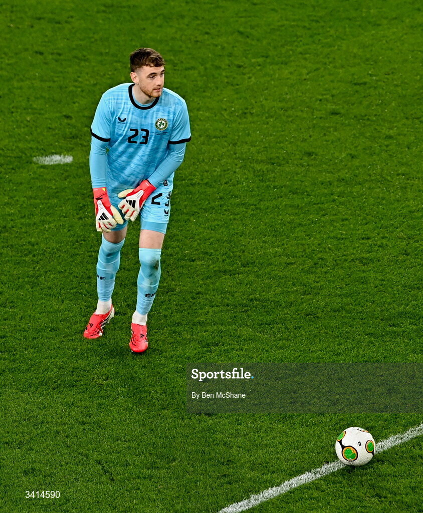 31 March 2026; Republic of Ireland goalkeeper Mark Travers during the international friendly match between Republic of Ireland and North Macedonia at Aviva Stadium in Dublin. Photo by Ben McShane/Sportsfile