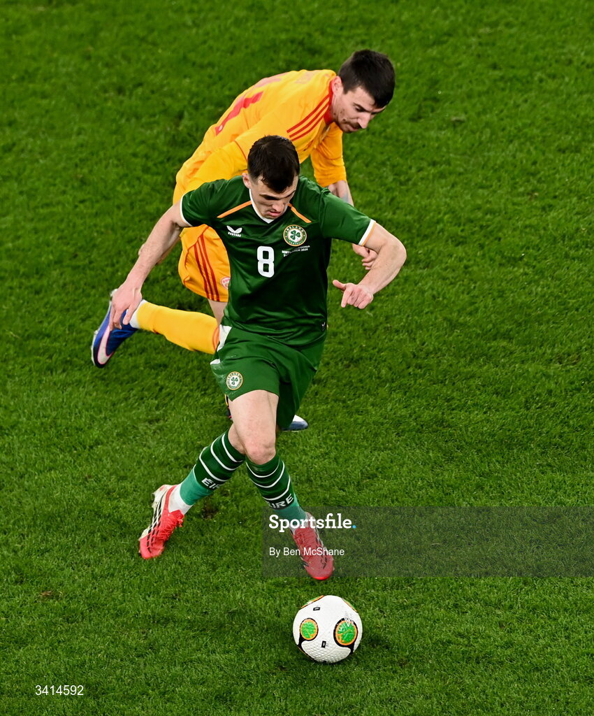 31 March 2026; Jason Knight of Republic of Ireland and Ljupche Doriev of North Macedonia during the international friendly match between Republic of Ireland and North Macedonia at Aviva Stadium in Dublin. Photo by Ben McShane/Sportsfile