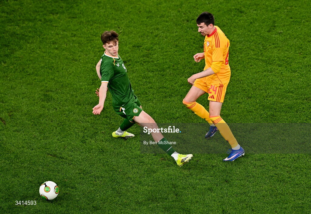31 March 2026; Ljupche Doriev of North Macedonia and Johnny Kenny of Republic of Ireland during the international friendly match between Republic of Ireland and North Macedonia at Aviva Stadium in Dublin. Photo by Ben McShane/Sportsfile
