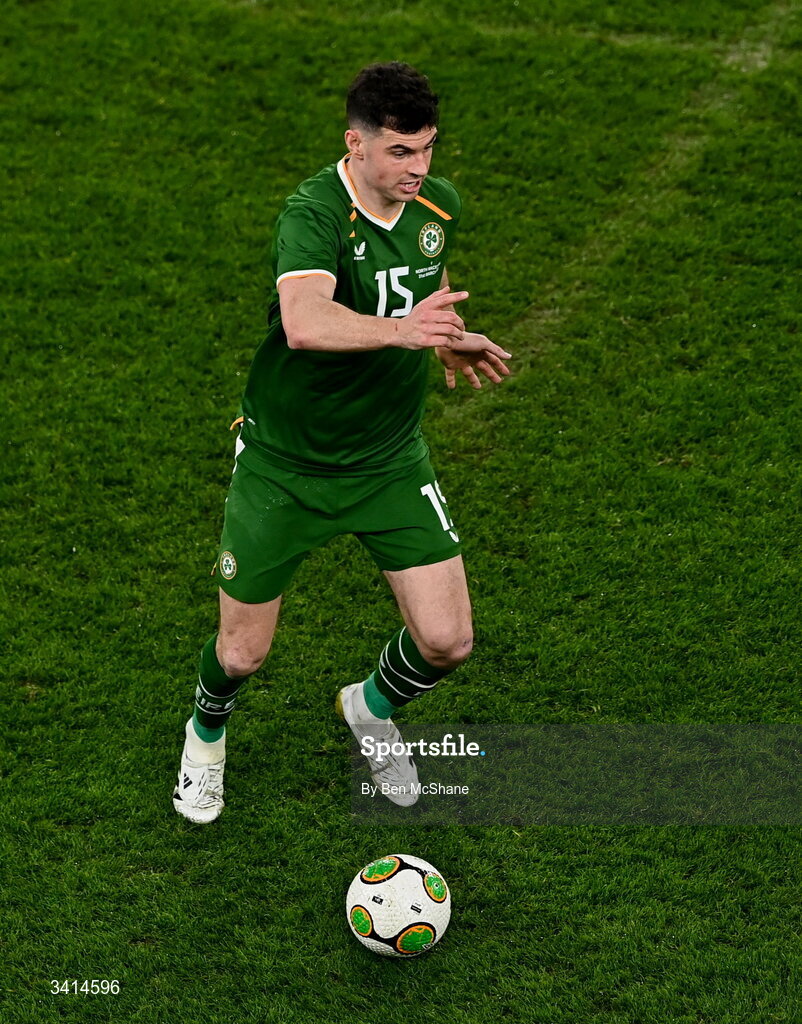 31 March 2026; John Egan of Republic of Ireland during the international friendly match between Republic of Ireland and North Macedonia at Aviva Stadium in Dublin. Photo by Ben McShane/Sportsfile