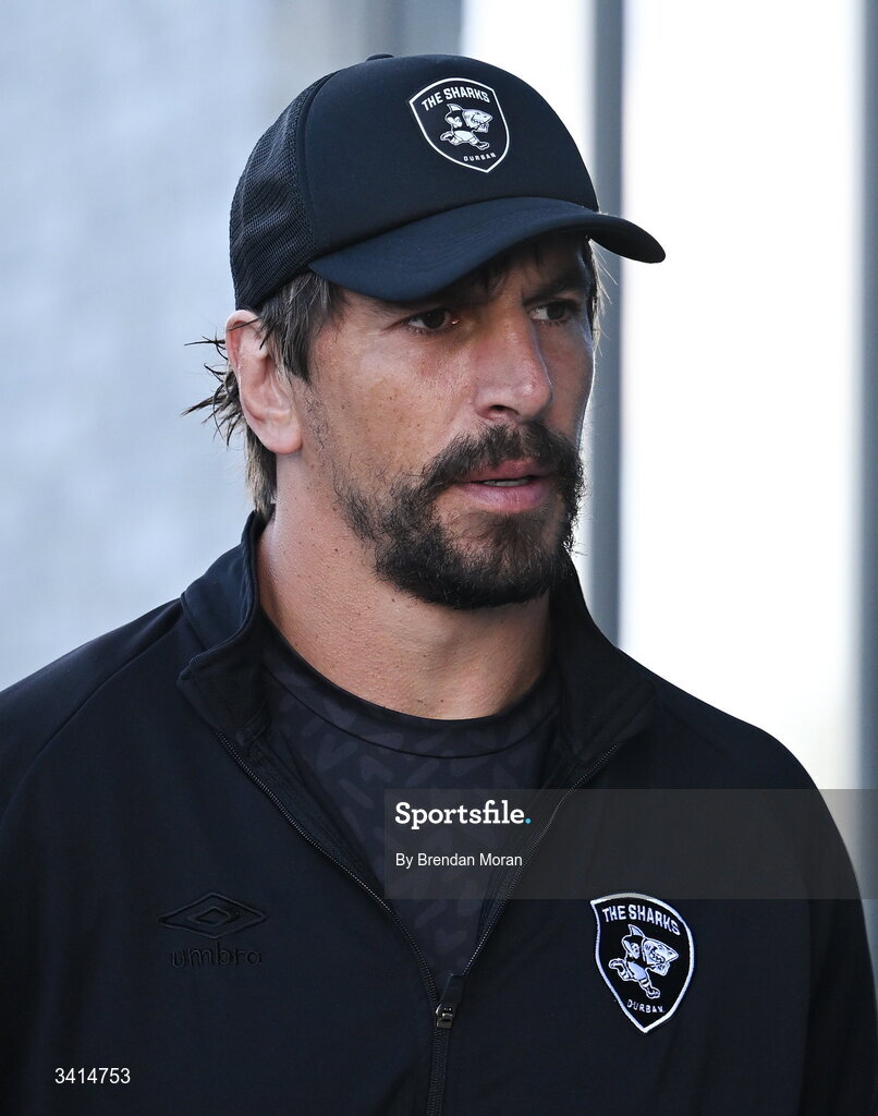3 April 2026; Eben Etzebeth of Hollywoodbets Sharks arrives before the EPCR Challenge Cup match between Connacht and Hollywoodbets Sharks at Dexcom Stadium in Galway. Photo by Brendan Moran/Sportsfile