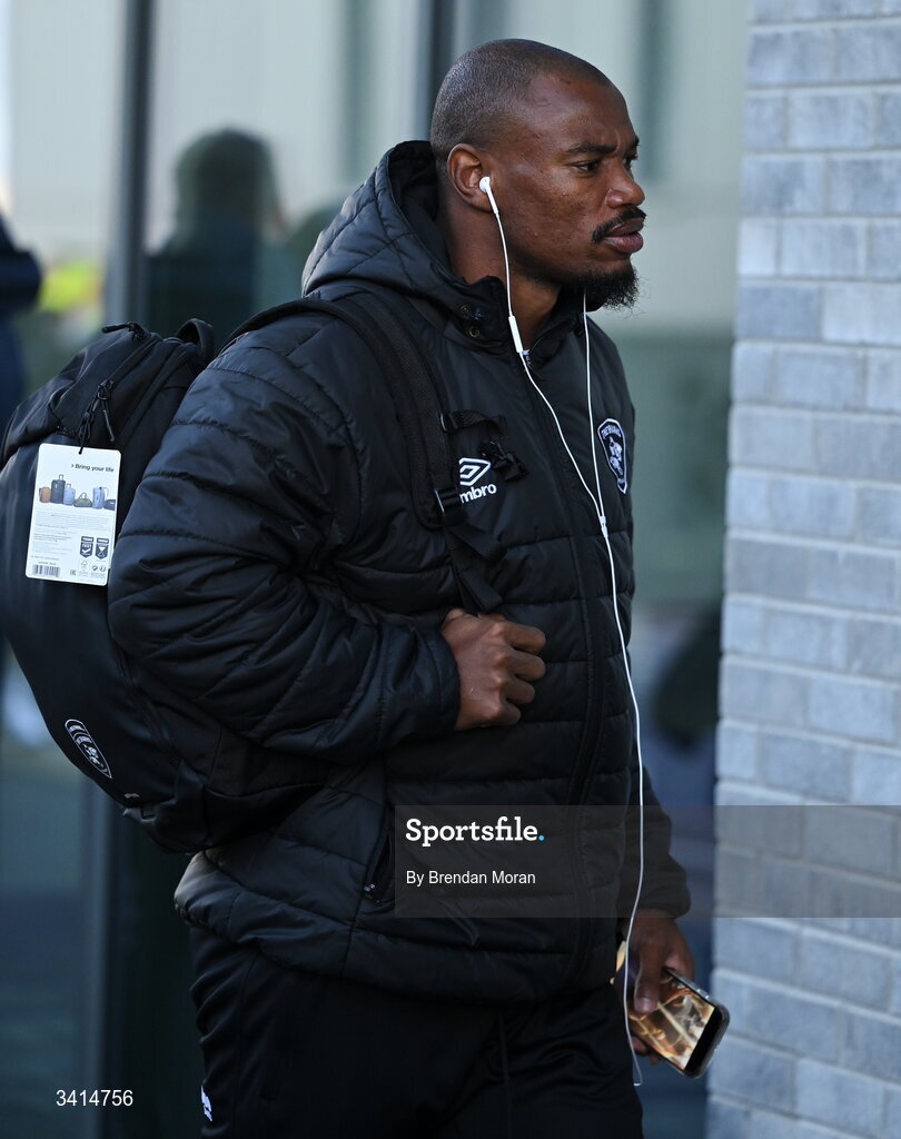 3 April 2026; Makazole Mapimpi of Hollywoodbets Sharks arrives before the EPCR Challenge Cup match between Connacht and Hollywoodbets Sharks at Dexcom Stadium in Galway. Photo by Brendan Moran/Sportsfile