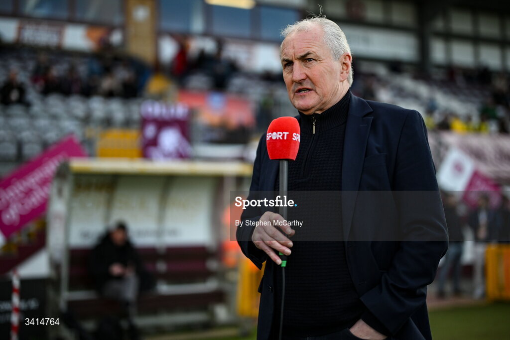 3 April 2026; Galway United manager John Caulfield speaks to Virgin Media Sport before the SSE Airtricity Men's Premier Division match between Galway United and Derry City at Eamonn Deacy Park in Galway. Photo by Stephen McCarthy/Sportsfile