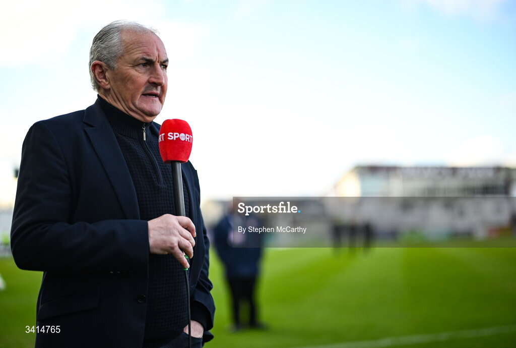 3 April 2026; Galway United manager John Caulfield speaks to Virgin Media Sport before the SSE Airtricity Men's Premier Division match between Galway United and Derry City at Eamonn Deacy Park in Galway. Photo by Stephen McCarthy/Sportsfile