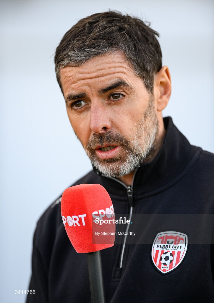 3 April 2026; Derry City manager Tiernan Lynch speaks to Virgin Media Sport before the SSE Airtricity Men's Premier Division match between Galway United and Derry City at Eamonn Deacy Park in Galway. Photo by Stephen McCarthy/Sportsfile