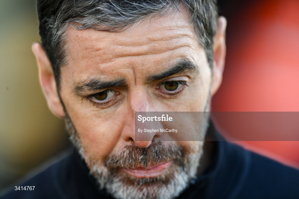 3 April 2026; Derry City manager Tiernan Lynch speaks to Virgin Media Sport before the SSE Airtricity Men's Premier Division match between Galway United and Derry City at Eamonn Deacy Park in Galway. Photo by Stephen McCarthy/Sportsfile