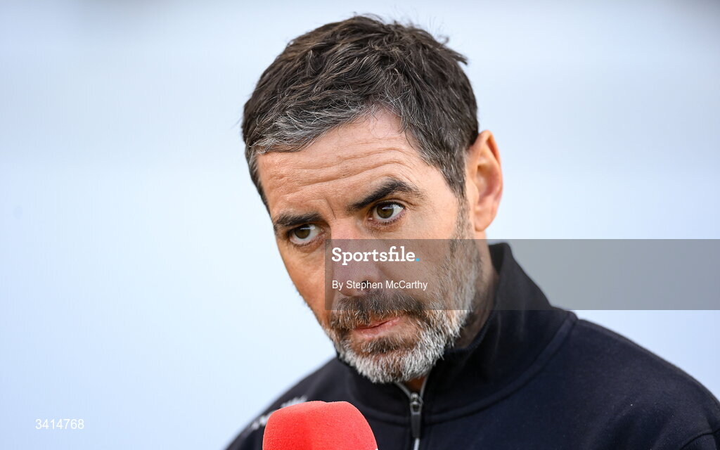 3 April 2026; Derry City manager Tiernan Lynch speaks to Virgin Media Sport before the SSE Airtricity Men's Premier Division match between Galway United and Derry City at Eamonn Deacy Park in Galway. Photo by Stephen McCarthy/Sportsfile