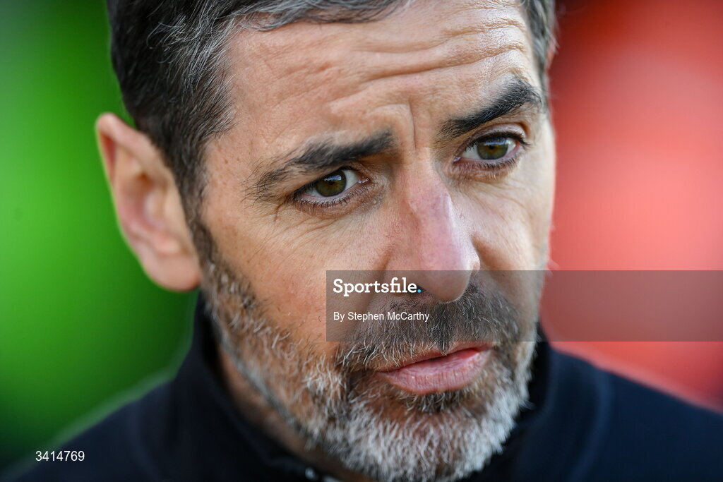 3 April 2026; Derry City manager Tiernan Lynch speaks to Virgin Media Sport before the SSE Airtricity Men's Premier Division match between Galway United and Derry City at Eamonn Deacy Park in Galway. Photo by Stephen McCarthy/Sportsfile