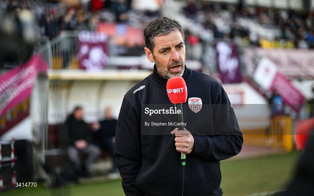 3 April 2026; Derry City manager Tiernan Lynch speaks to Virgin Media Sport before the SSE Airtricity Men's Premier Division match between Galway United and Derry City at Eamonn Deacy Park in Galway. Photo by Stephen McCarthy/Sportsfile