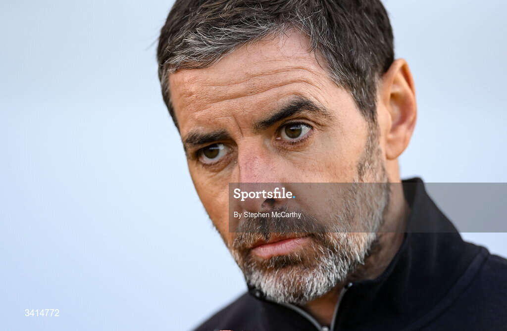 3 April 2026; Derry City manager Tiernan Lynch speaks to Virgin Media Sport before the SSE Airtricity Men's Premier Division match between Galway United and Derry City at Eamonn Deacy Park in Galway. Photo by Stephen McCarthy/Sportsfile