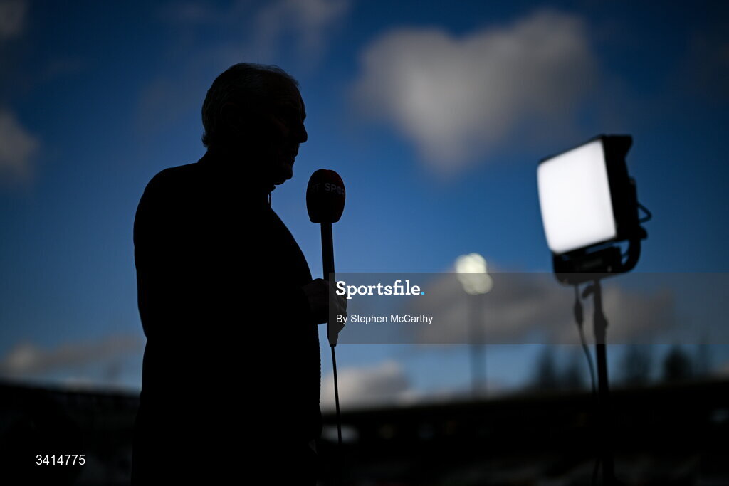 3 April 2026; Galway United manager John Caulfield speaks to Virgin Media Sport before the SSE Airtricity Men's Premier Division match between Galway United and Derry City at Eamonn Deacy Park in Galway. Photo by Stephen McCarthy/Sportsfile