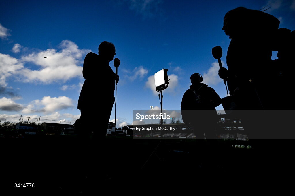 3 April 2026; Galway United manager John Caulfield speaks to Virgin Media Sport before the SSE Airtricity Men's Premier Division match between Galway United and Derry City at Eamonn Deacy Park in Galway. Photo by Stephen McCarthy/Sportsfile