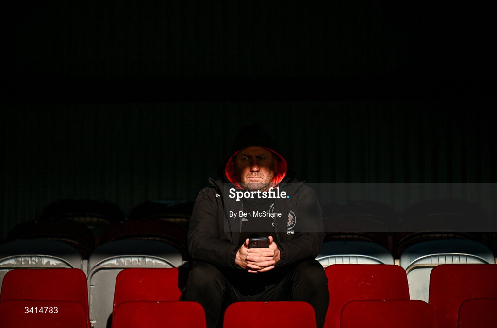 3 April 2026; Suspended Bohemians manager Alan Reynolds sits in the stand before the SSE Airtricity Men's Premier Division match between Drogheda United and Bohemians at Sullivan & Lambe Park in Drogheda, Louth. Photo by Ben McShane/Sportsfile