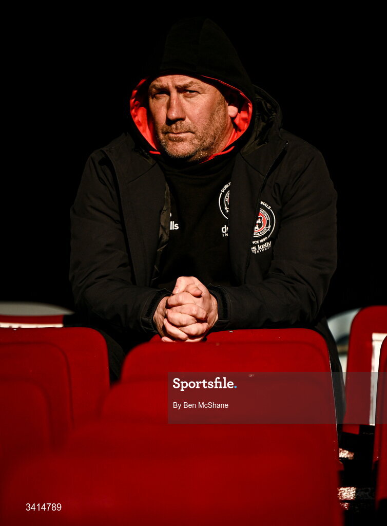3 April 2026; Suspended Bohemians manager Alan Reynolds sits in the stand before the SSE Airtricity Men's Premier Division match between Drogheda United and Bohemians at Sullivan & Lambe Park in Drogheda, Louth. Photo by Ben McShane/Sportsfile