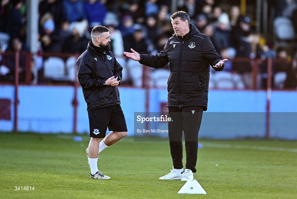 3 April 2026; Drogheda United manager Kevin Doherty, right, with coach Tiernan Mulvenna before the SSE Airtricity Men's Premier Division match between Drogheda United and Bohemians at Sullivan & Lambe Park in Drogheda, Louth. Photo by Ben McShane/Sportsfile