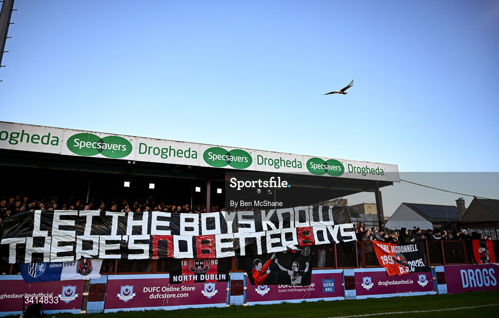3 April 2026; Bohemians supporters before the SSE Airtricity Men's Premier Division match between Drogheda United and Bohemians at Sullivan & Lambe Park in Drogheda, Louth. Photo by Ben McShane/Sportsfile
